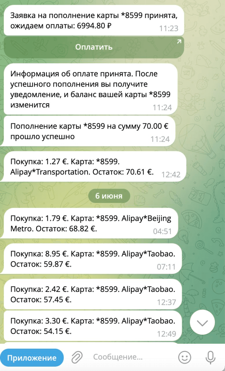 Уведомления о пополнении виртуальной карты через СБП и оплатах в Alipay