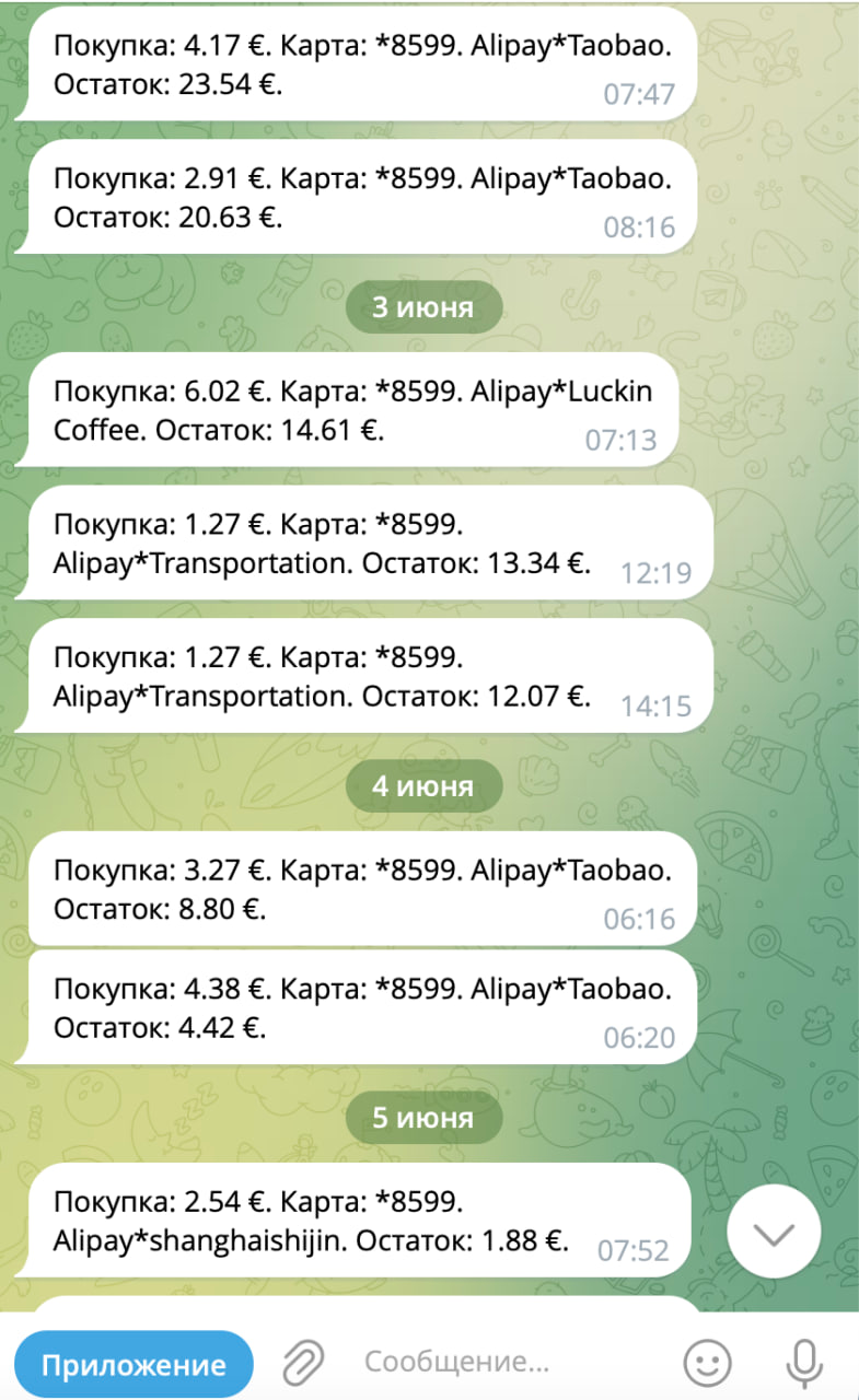 Уведомления об оплате через Alipay виртуальной картой в Китае