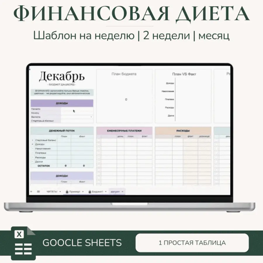 Таблица «Финансовая диета» на экране ноутбука